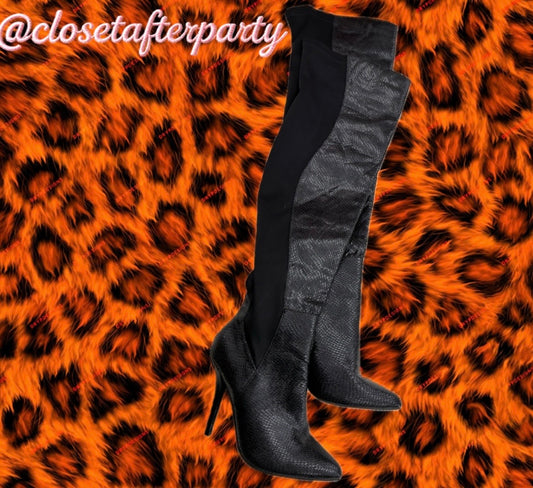 VINTAGE Black Faux SnakeSkin Thigh High Boots